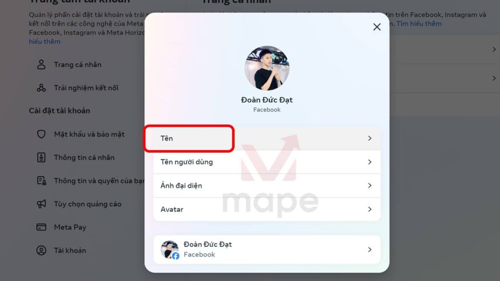 Cách thay đổi tên facebook