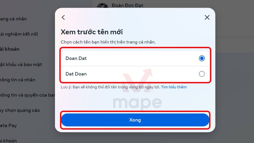 Cách thay đổi tên facebook