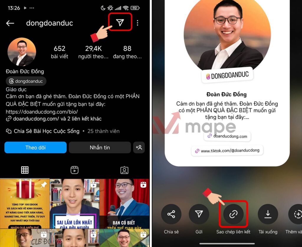 Cách lấy sao chép link Instagram cá nhân bài viết hoặc video mape academy