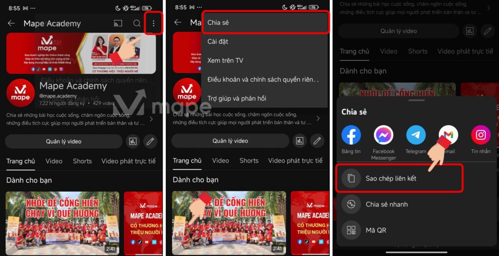 Cách sao chép link kênh Youtube mape academy