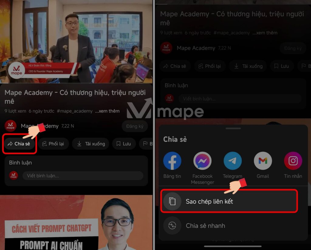 Cách sao chép link video Youtube mape academy