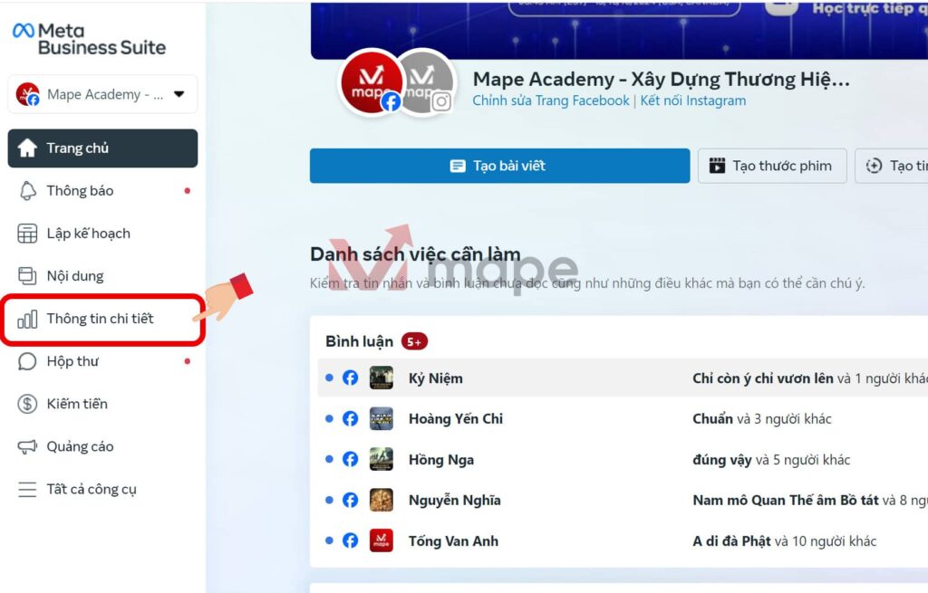 Cách sử dụng và xem thông tin của Fanpage trên Meta Business Suite mape academy