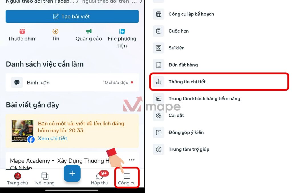 Cách sử dụng và xem thông tin của Fanpage trên Meta Business Suite mape academy